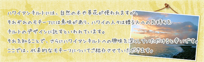 ハワイアンキルトには、自然の木や草花が使われますが、それぞれのモチーフには意味があり、ハワイの人々は贈る人への気持ちをキルトのデザインに託すといわれています。それを知ることで、さらにハワイアンキルトへの興味を深くしていただけると幸いです。ここでは、代表的なモチーフについてご紹介させていただきます。