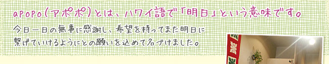 apopo（アポポ）とは、ハワイ語で「明日」という意味です。 今日一日の無事に感謝し、希望を持ってまた明日に 繋げていけるようにとの願いを込めて名づけました。